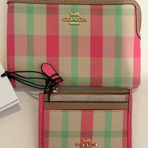 Coach Mini Skinny Id Case w wristlet/wallet /Plaid Print set/pink/ multi - Picture 9 of 16